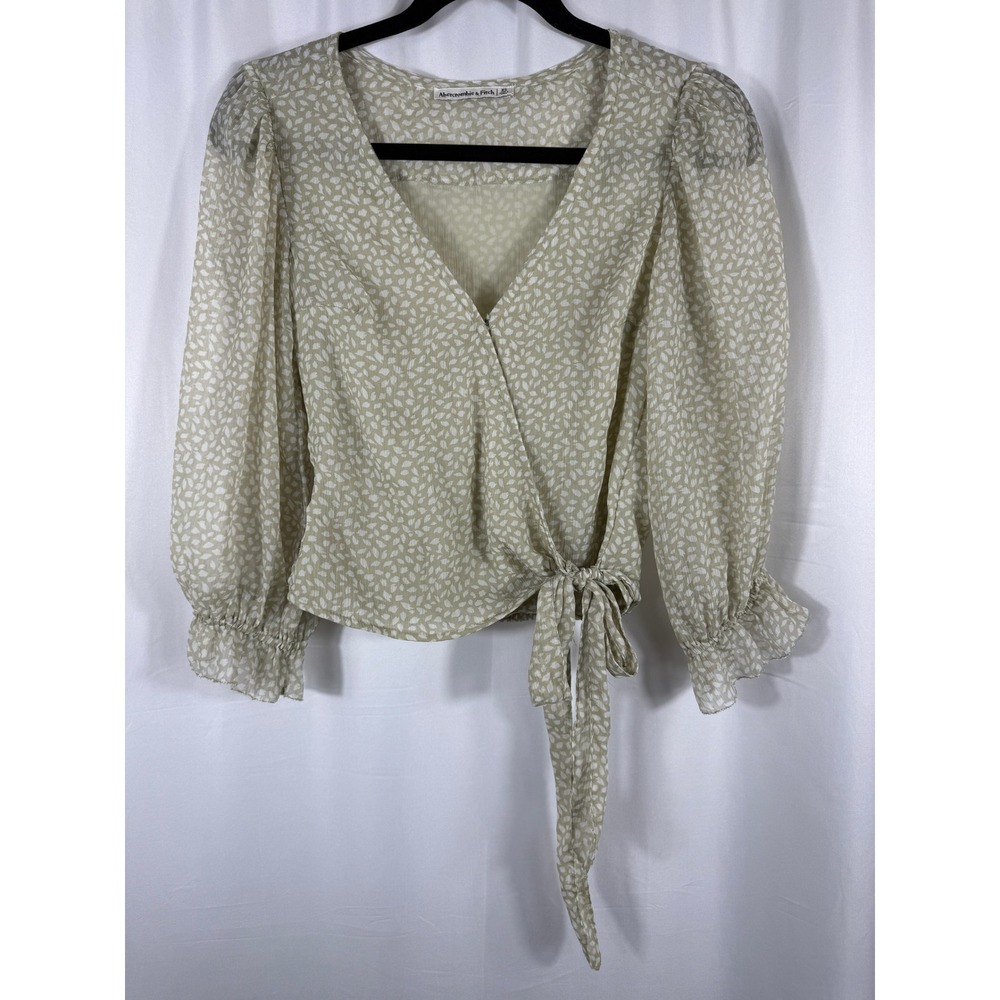 Abercrombie & Fitch Women XS Sage Green Print Cross Over Puff Sleeve Blouse Top